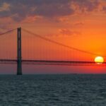 In this May 31, 2002 file photo, the sun sets over the Mackinac Bridge and the Mackinac Straits as seen from Lake Huron. The bridge is the dividing line between Lake Michigan to the west and Lake Huron to the east.